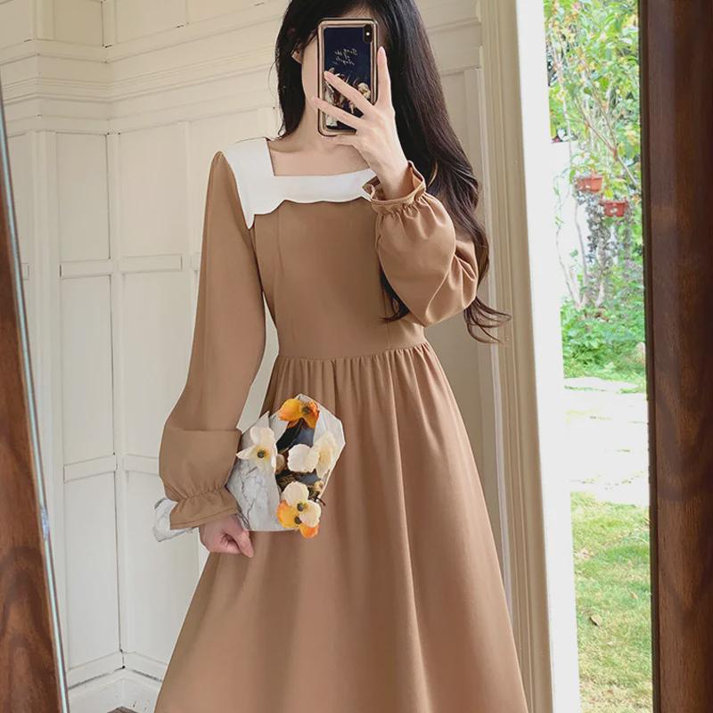 Women's 2024 Spring/Autumn French Style Square Collar Splicing Tea-Length Dress