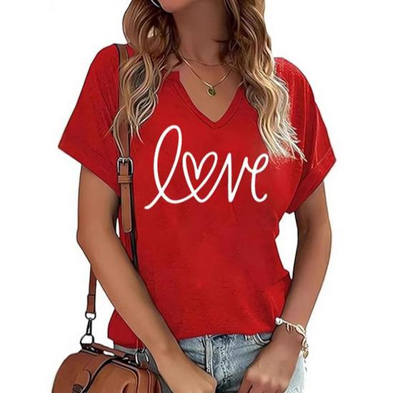 

European & American V-Neck Roll Sleeve Valentine s Day Love Top Small