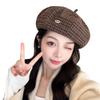 Retro Plaid Beret Women's Spring and Autumn Literary British Style Painter's Hat with Big Head Circumference and Face Small and Versatile Painter