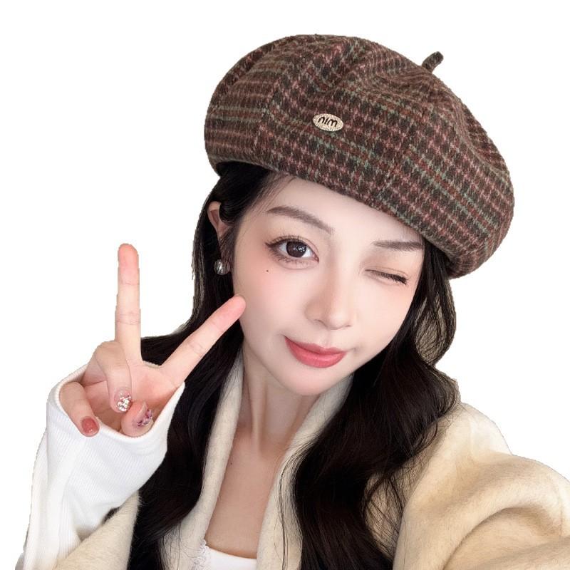 Retro Plaid Beret Women's Spring and Autumn Literary British Style Painter's Hat with Big Head Circumference and Face Small and Versatile Painter