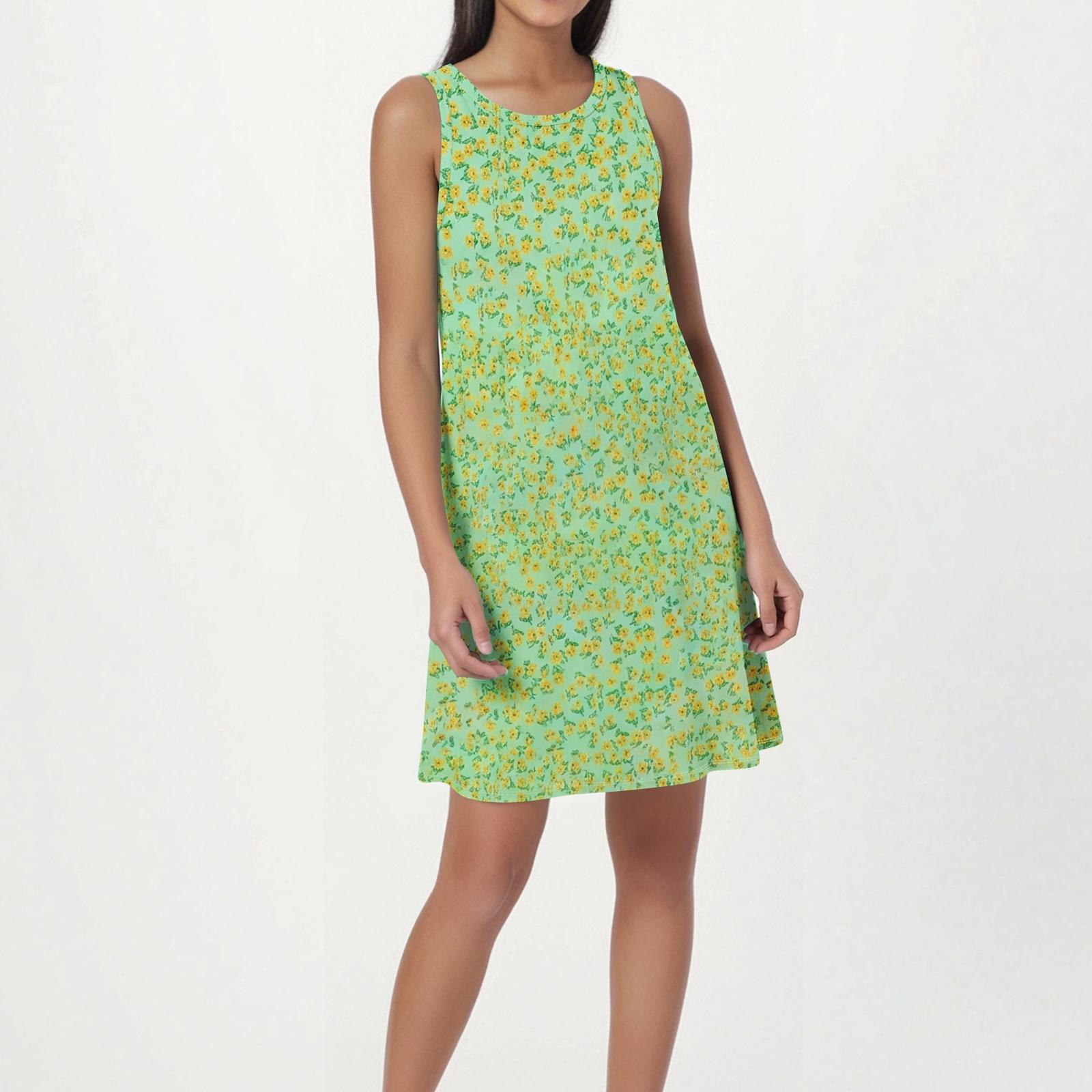 Summer Dresses for Women 2026 Sleeveless Crew Neck A Line Casual Summer Dress with Leaf Print Sundresses for Women 2026 Summer Dresses S