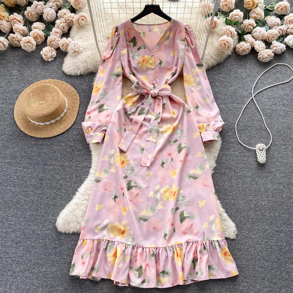 Fashion Flower Print Γυναικείο Φόρεμα Φθινοπωρινό Κομψό Vintage Επίδεσμος Μακρύ μάξι Φόρεμα με βολάν πάρτι Vestidos