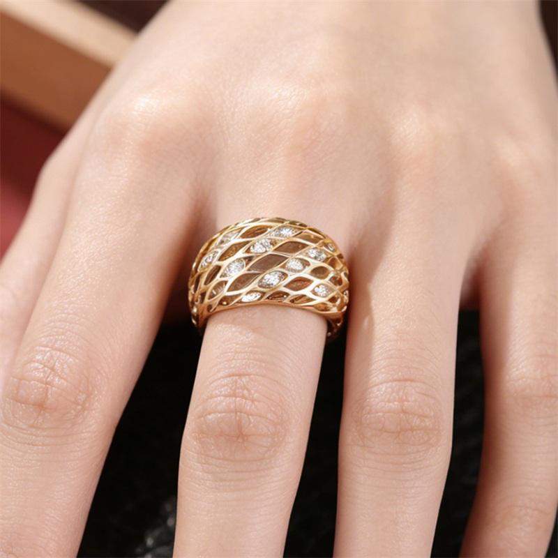 Huitan Graceful Gold Color Ring with Hollow-out Design for Women Fashion Bright Cubic Zirconia Finger Accessories for Daily Wear