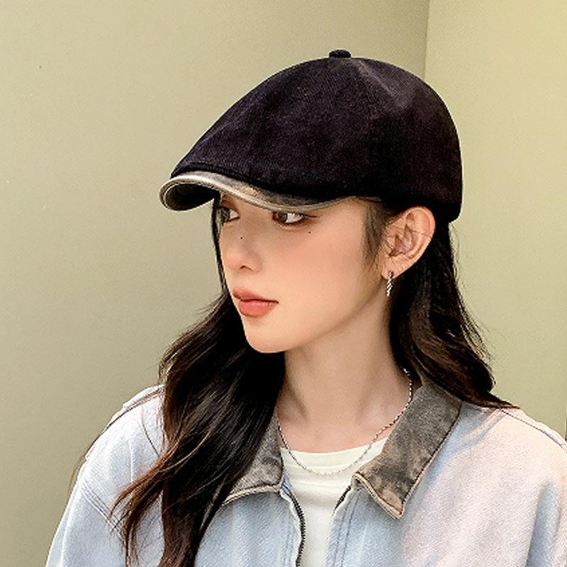 Retro Corduroy Forward Hat Women's Spring and Autumn Versatile Anti-wearing Beret Big Head Circumference Shows the Face Small Hat Trend