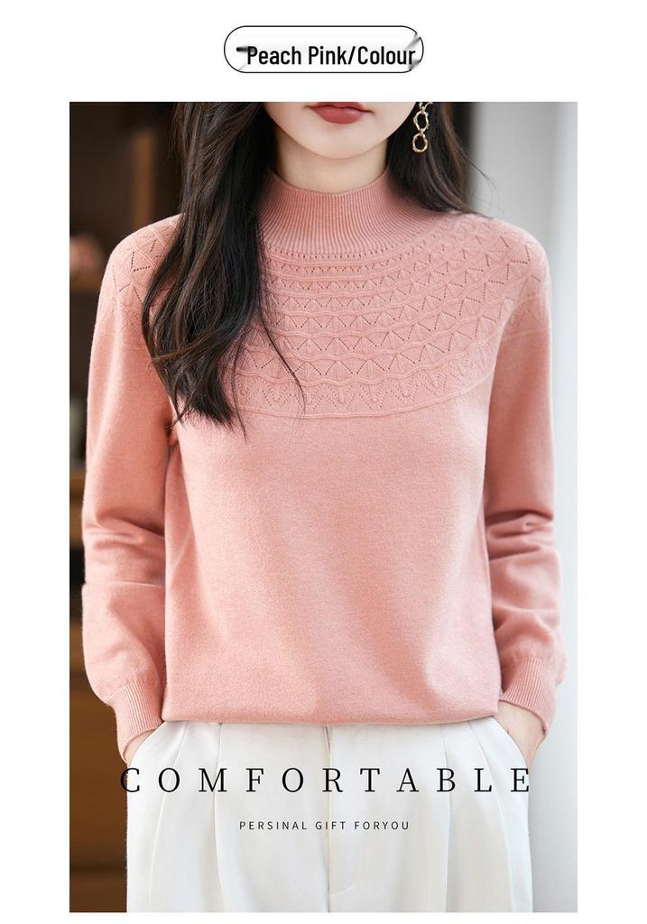 Women's Seamless Half-Openwork Knit Sweater - 2025 Autumn/Winter Collection, One-Piece Base Layer with Half-High Collar