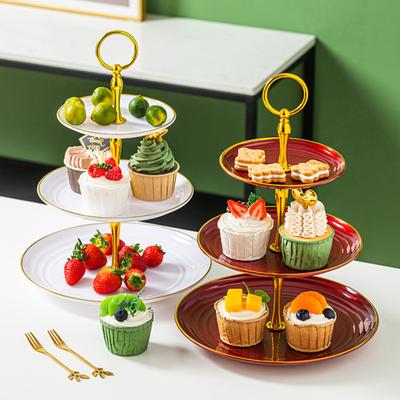 Suporte de suporte para cupcake de 3 camadas, copo com bordas douradas, torre de sobremesa, bandeja de servir em camadas de plástico, haste de metal, chá de bebê, casamento, aniversário, decoração de festa