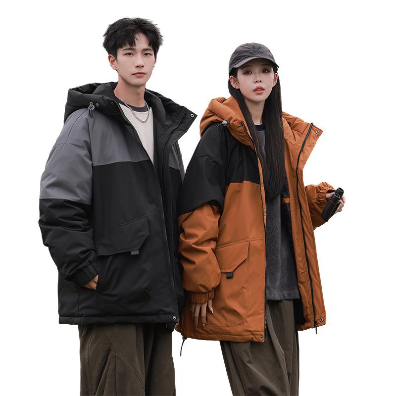 New Winter Hooded Feather Workwear, Color-blocked Down Jacket, Versatile Thickened Couple's Jacket