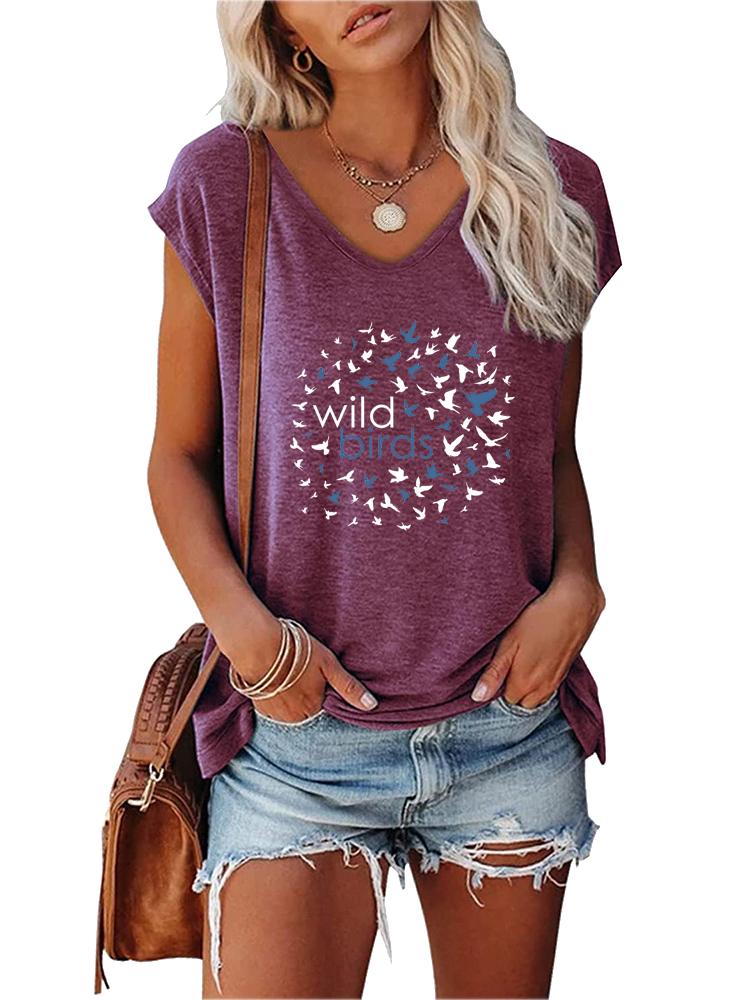 Women Fashion T-shirt Summer V Collar Print Short Sleeve Top Ladies Casual Tee Shirt