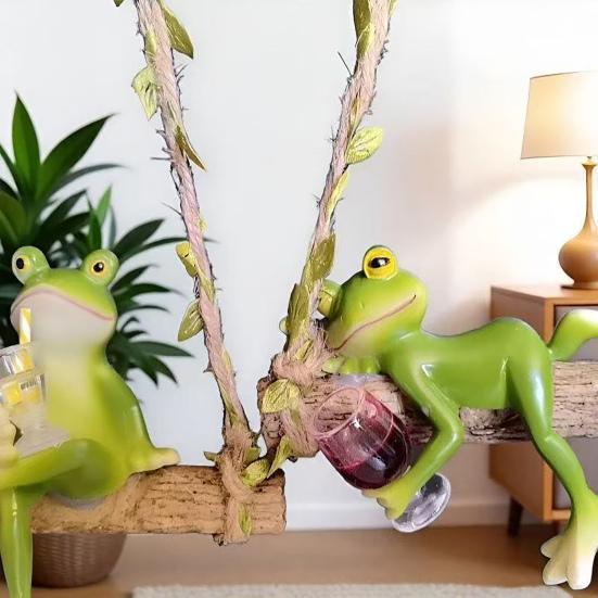 Gartenschaukel Frosch Harz Schaukel Frosch Statue mit Rotwein/Getränken in der Hand für Balkon Garten Blumentöpfe Außen Innen Dekor