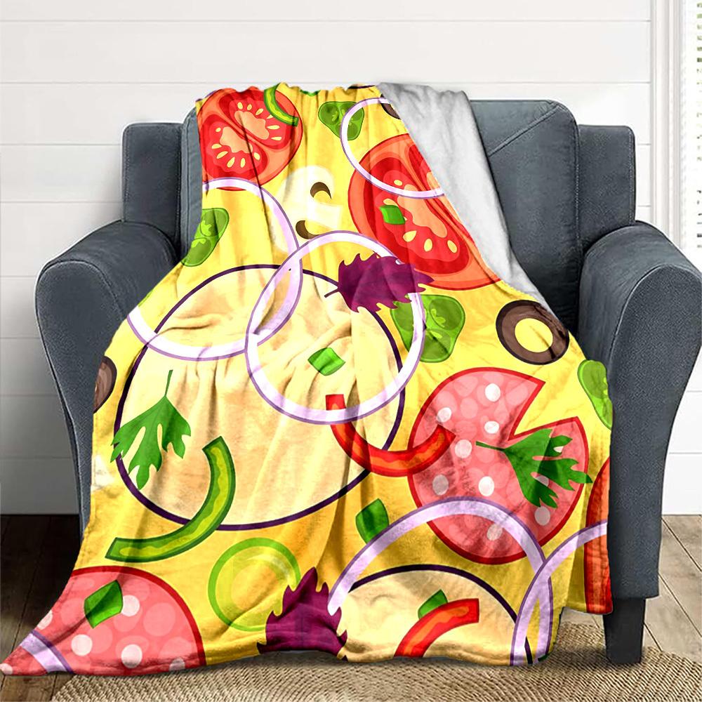 1pc Pizza Ingredients Print Blanket   Lightweight Flannel Throw Blanket For Sofa, Bed, Living Room, Office, Outdoor Travel, Camping
