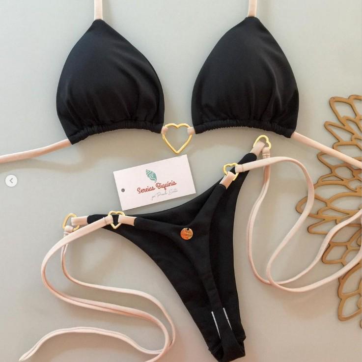 2025 Metal Decor Halter Bikini: European & American Style, Push-Up, Brazilian Cut, Solid Color.