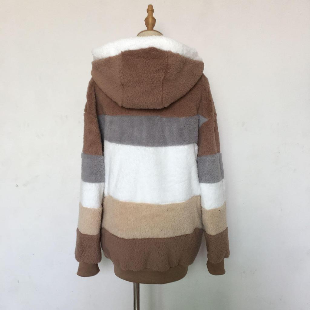 European & American Women's Autumn/Winter 2025 Plush Patchwork Zipper Pocket Hooded Loose Jacket
