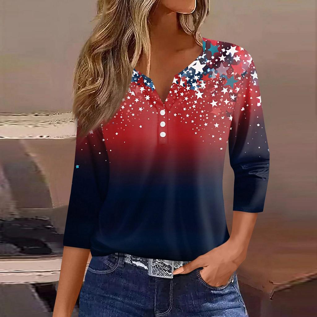 Women's T Shirt Independence Day Print Button 3/4 Sleeve Daily Weekend Fashion Basic V- Neck Regular Top