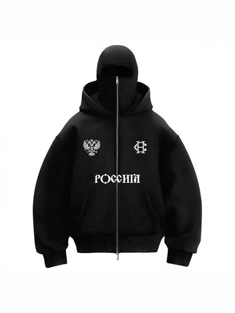 Unisex Y2K Mikina Bandit s dvojitou kapucou a sametem - Větruodolná a volného střihu pro podzim/zimu