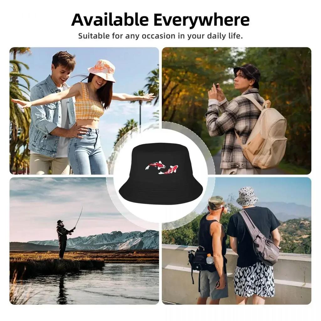 2025 New HatKoi Fish Kuhaku Showa Sanke Koi Fish Design Black Background Bucket Hat New In The Hat Men's Caps Women's