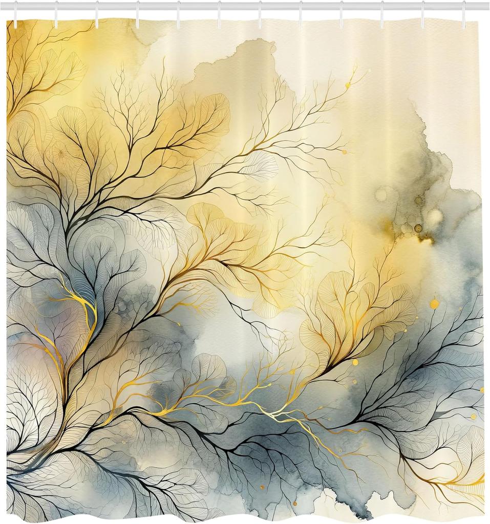 Ambesonne Yellow Shower Curtain, Autumnal Melancholy Leafless Branches On Dreamy Watercolor Look Back, Cloth Fabric Bathroom