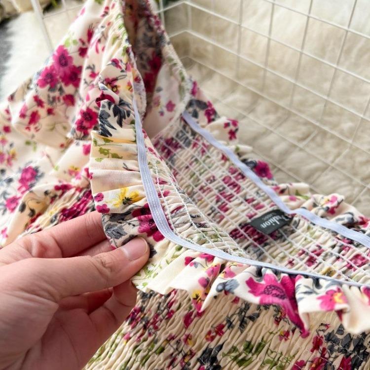 Summer Floral Off Shoulder Dress Women High Waist Short Sleeve Ankle Length Spring Casual Fashion