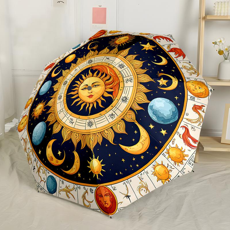 Sonne und Mond Wahrsagerei Automatischer Regenschirm, Kompaktes Design mit 8 Speichen, Faltbar und Tragbar, Outdoor-Freizeit und Täglicher Gebrauch-ideales Geschenk