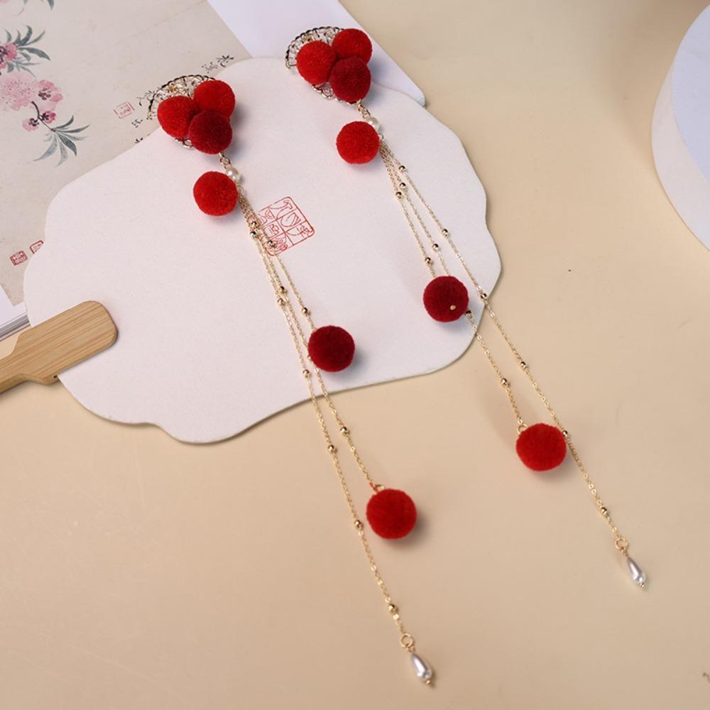 Red Hanfu Hair Clip Fuzzy Ball Chinese New Year Side Clip Exquisite Girl Headdress  Women