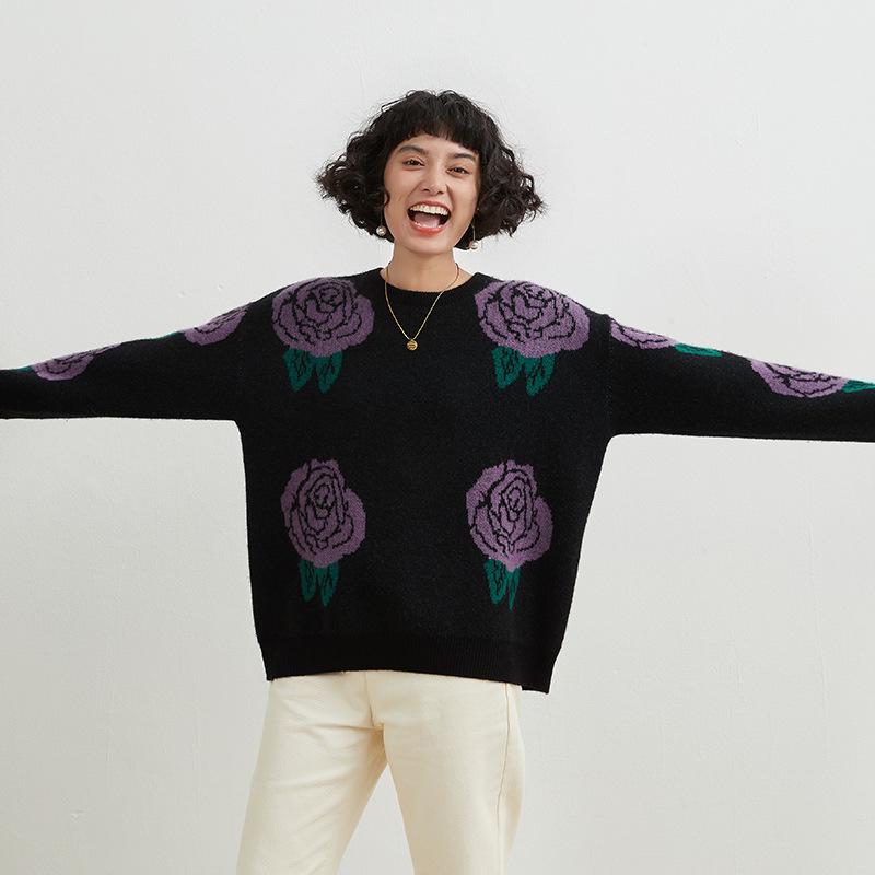 Thickened Round Neck Cardigan for Women In Autumn and Winter Loose Versatile Knitted Sweater Fashionable Flower Base Shirt Top