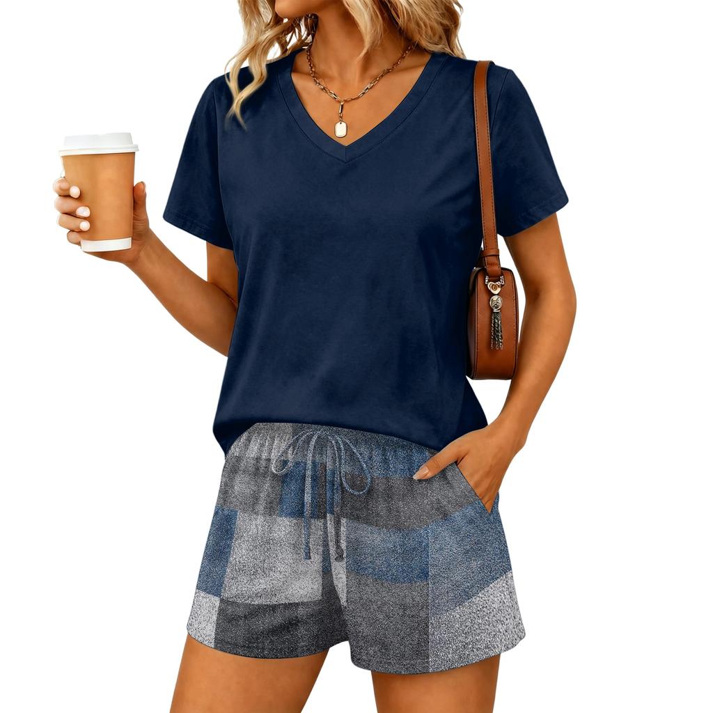 Women Two Piece Set V Neck Short Sleeve Top with Drawstring Waist Striped Shorts Casual Lounge Wear