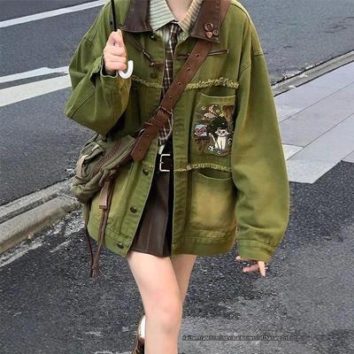 2025 Playful Green Embroidered Denim Jacket - Spring/Autumn Retro Style | Free Shipping