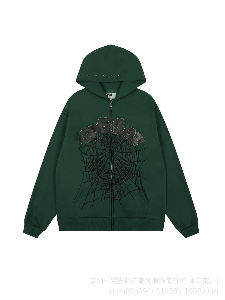 Sp5der555555 Grensoverschrijdend Velours Hoodie Trainingspak Set met Spinnenweb Print