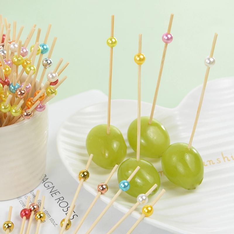 100pcs Wedding Party Pearl Disposable Skewers Food Fruit Picks Bamboo Cocktail Buffet Cake Toothpick Wedding Birthday Supplies
