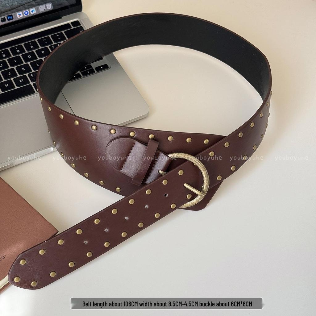 Brown Retro Punk Wide Waist Belt with Rivet Buckle - Women's High-End Dress Accessory