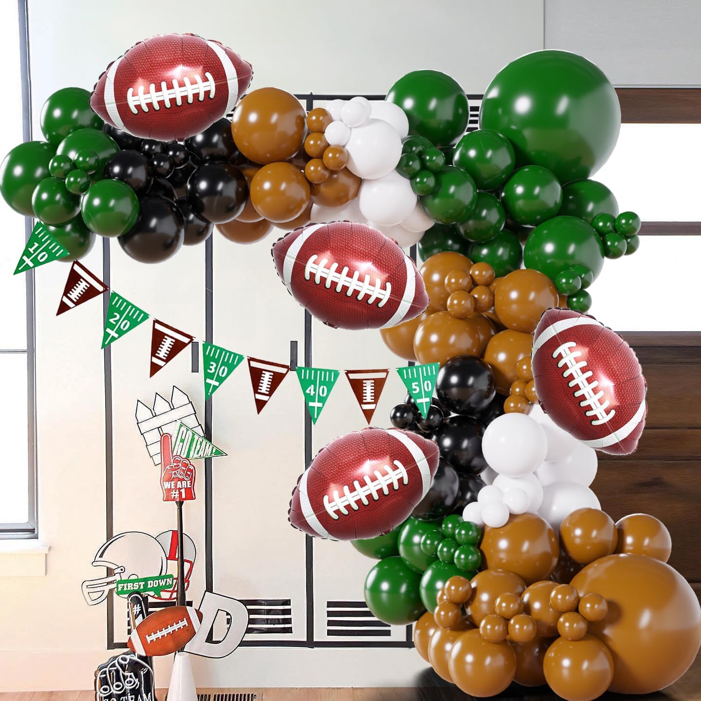 128Pcs Football Party Balloon Arch Garland Kit: Dark Green, Brown, White & Black Balloons with Football Foil Balloon and Banner for Super Bowl Party,