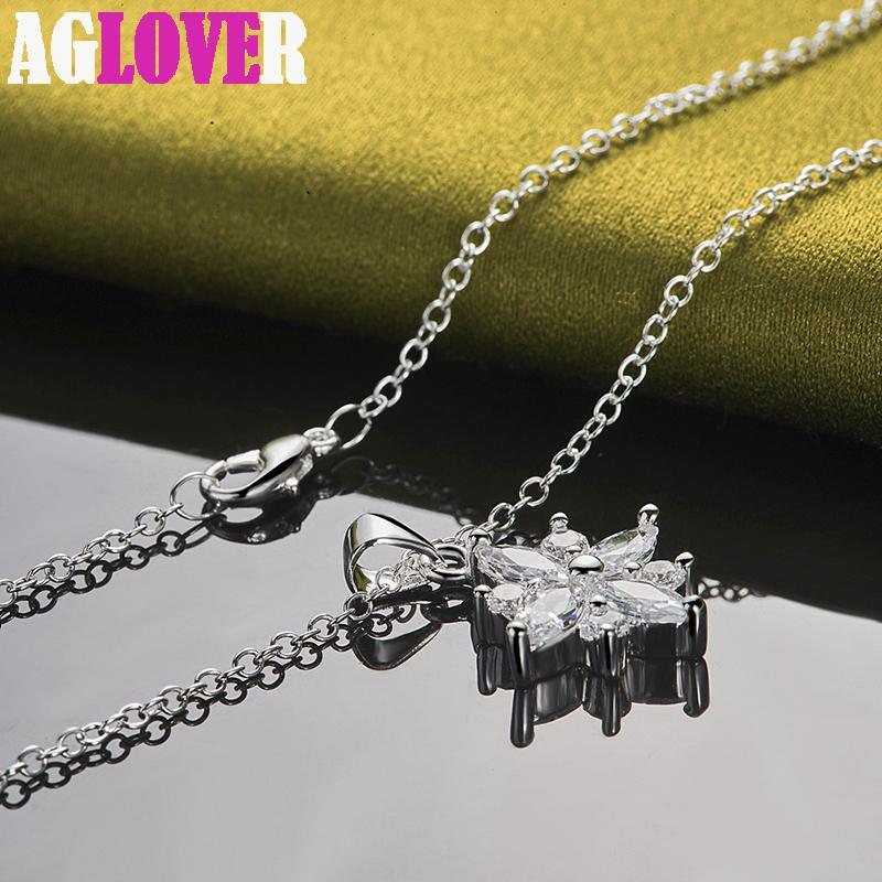 925 Sterling Silver AAA Zircon Flower Pendant Necklace Jewelry