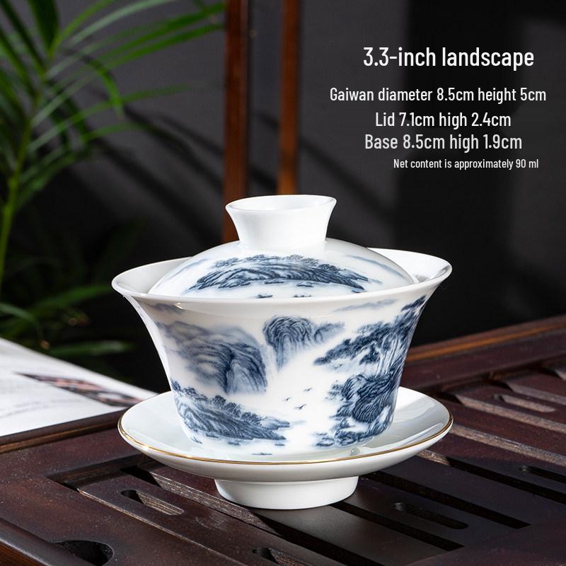 Chaozhou Blue and White Porcelain Gongfu Tea Set: Gaiwan, Mini Tea Cup, and Bowl