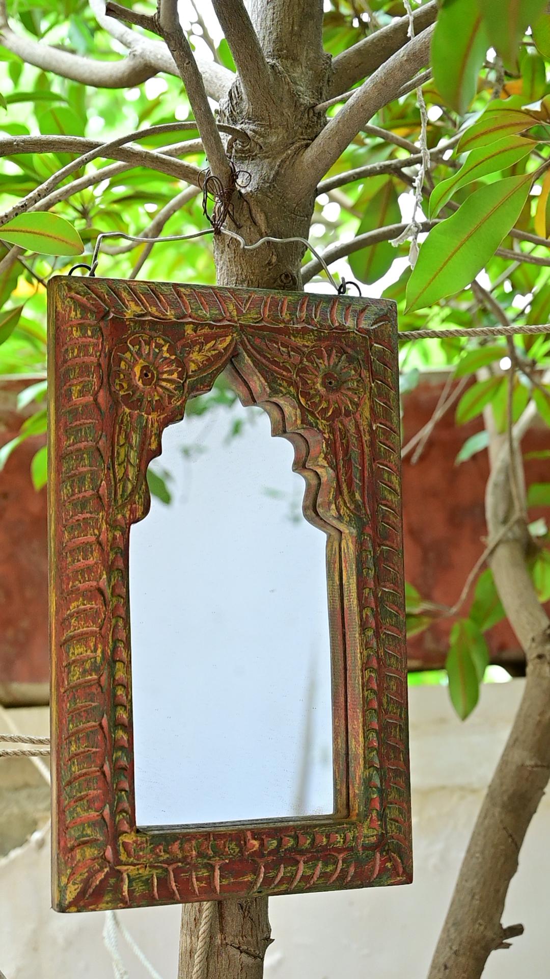Hand Carved Jharokha Mirror Frame: Rustic Indian Wall Decor разноцветный