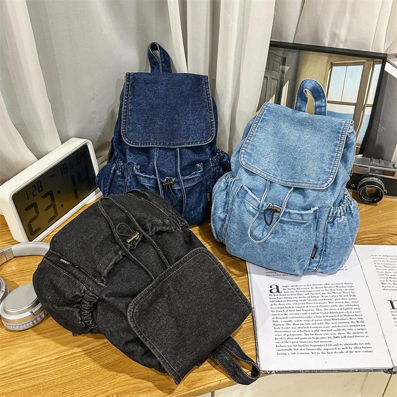 Denim Backpack Women's Travel Lightweight Drawstring Backpack