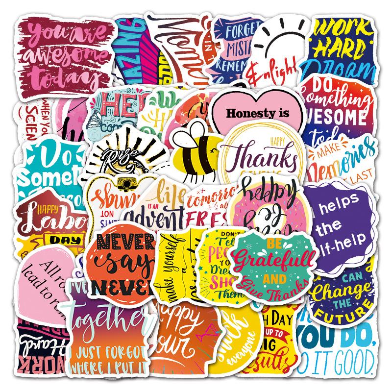 50 Inspirational English Cartoon Creative Doodle Suitcase Pen Scooter Laptop Car Decoration Stickers