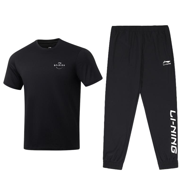 

Li-Ning Lightweight Summer Quick-Dry Short Sleeve T-Shirt And Mid-Waist Cuffed Pants Casual Sports Set Men sets Black ATSU817-1+AYKU909-1 S