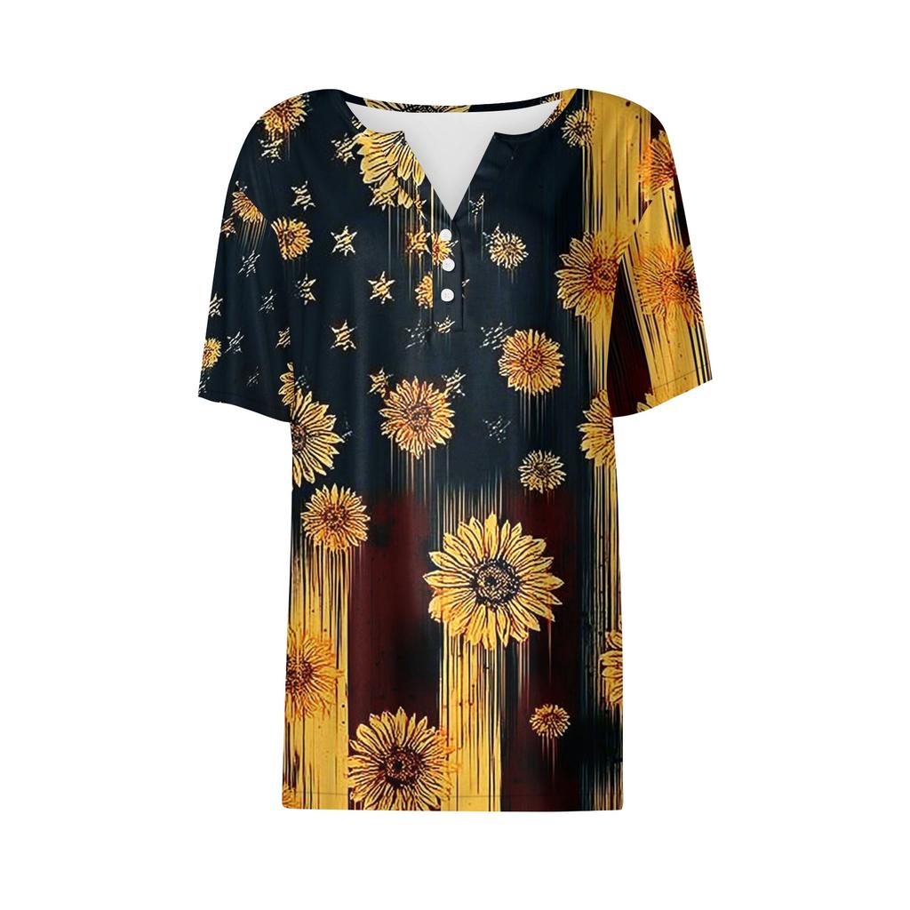 Women's T Shirt Tee Print Button Short Sleeve Daily Weekend Fashion Basic V- Neck Regular Top