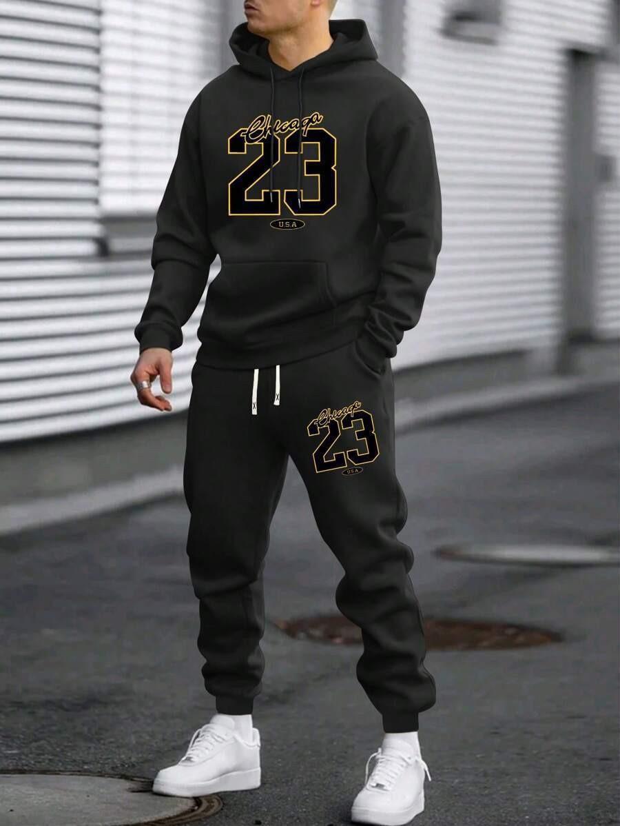 Hot search autumn/winter loose fleece-lined sweatshirt sets for men and women, best-selling printed rapper hooded sets S