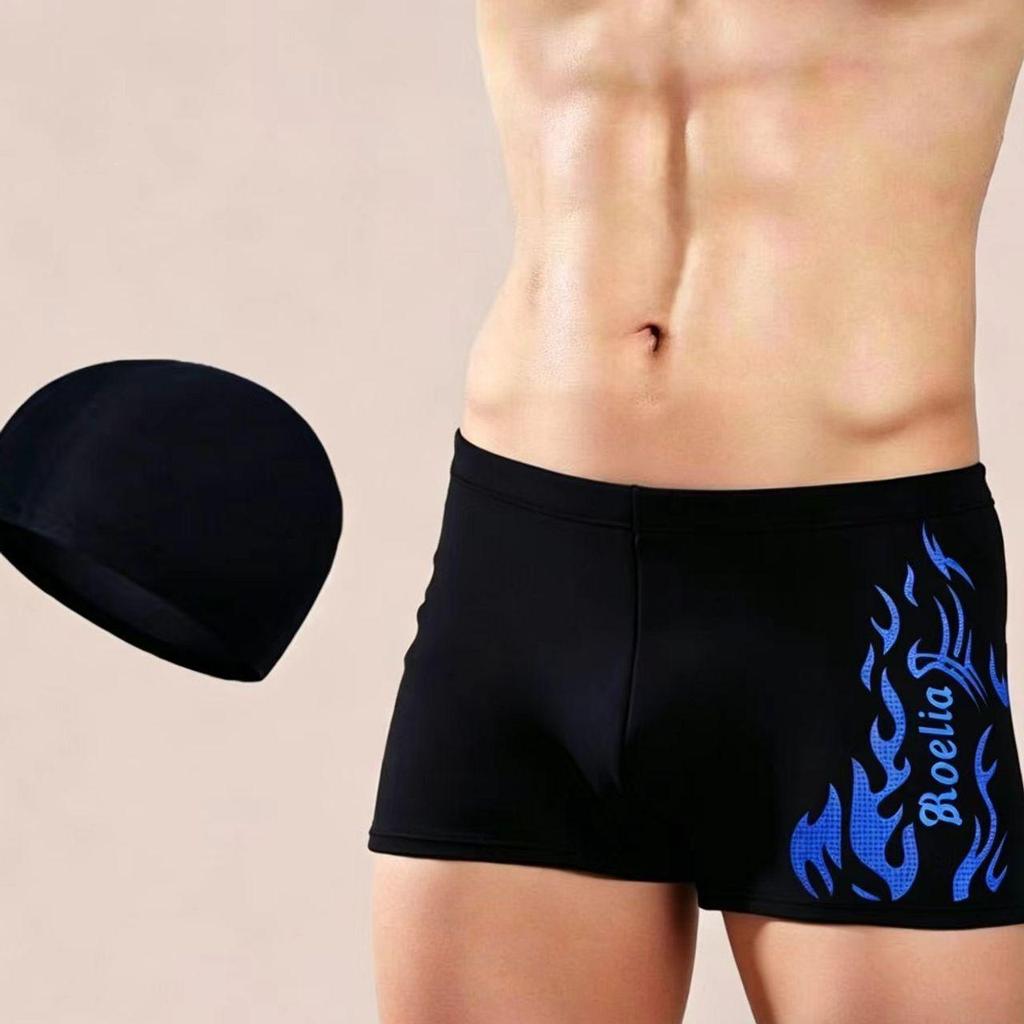 Men's Large Swim Trunks with Anti-Embarrassment Cap & Goggles - Professional Three-Piece Swimwear Set