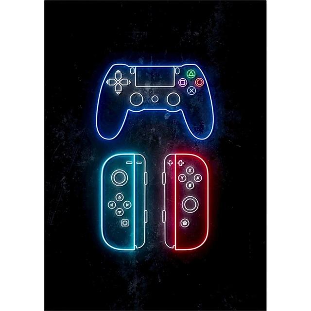 Massivholzrahmen mit LED-Spielgriff, Leinwandgemälde, nordische Gamer-Abstrakte Poster und Drucke, Wandkunst, Bild für Wohnzimmer, Teenagerzimmer, Heimdekoration