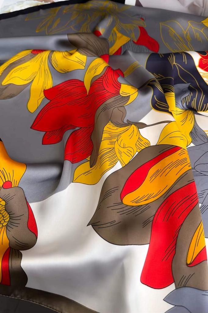 Satin Scarf 70x70 - Fiery Flowers on a Gray Background