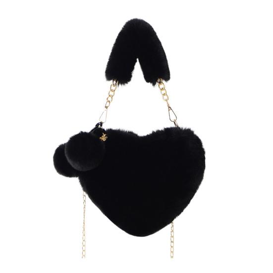 Lady Crossbody Bag Solid Color Fuzzy Faux Fur Decor Heart Shape Hollow