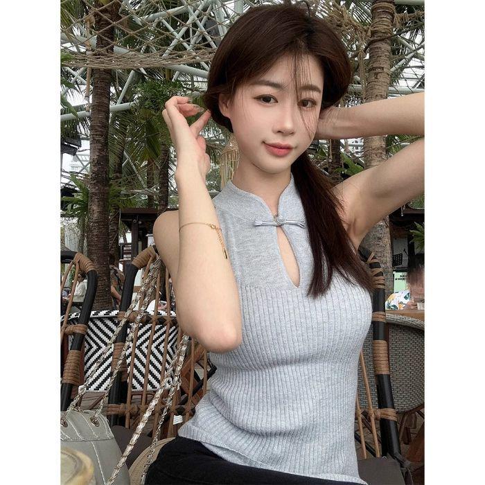 Chinese Style Halter Frog Button Cutout Knitted Vest - Women's Slim-Fit Sleeveless Summer Top