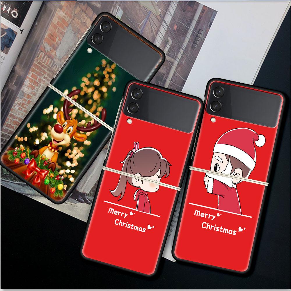 Hülle für Samsung Galaxy Z Flip 3 4 5G Schwarz Hart PC Telefongehäuse Z flip4 Luxus Segmentierte Abdeckung Weihnachten Cartoon