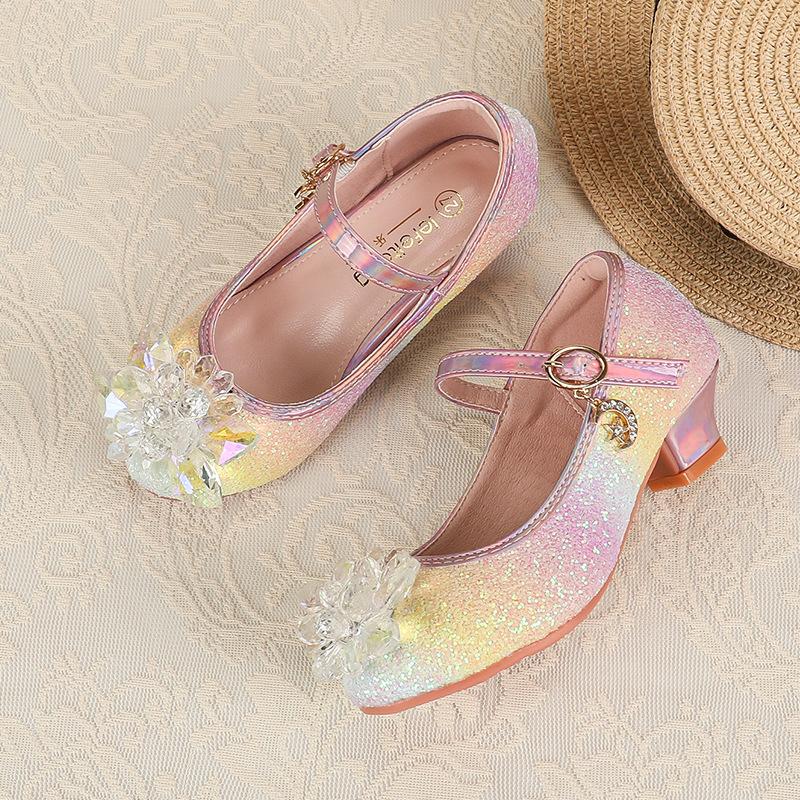 Girls' High Heels Spring and Autumn New Style Little Girls' Crystal Leather Shoes Children's Princess Shoes for Big Kids Catwalk Soft Sole Kids'