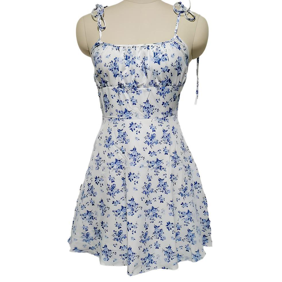 2025 Summer Floral Print Spaghetti Strap Dress – Square Neck, Gentle Style, Short Skirt