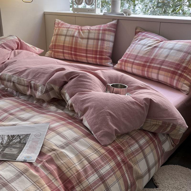 New Pure Cotton and Linen Double Yarn Four-piece Set Striped Print Single and Double Bed Sheets Bedding