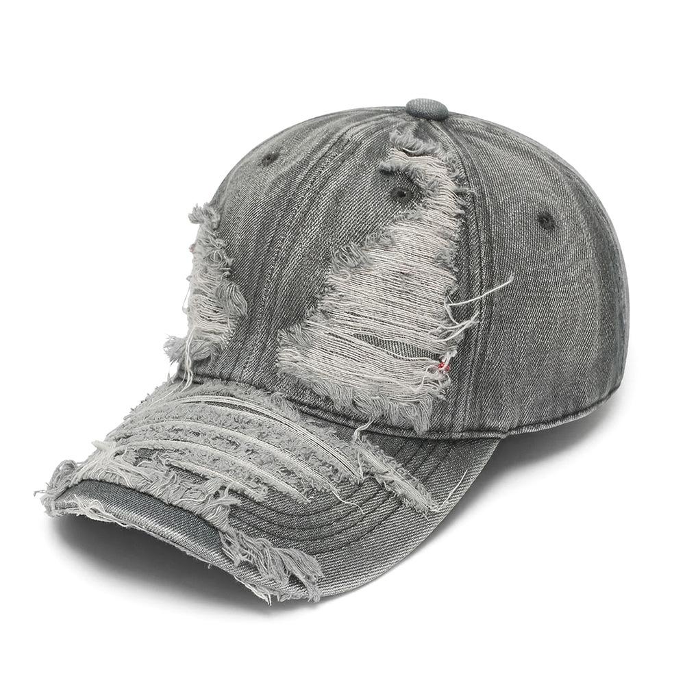 American-style Retro Denim Baseball Cap, Men's and Women's Version, Distressed Washed, with Worn-out Holes On the Brim.