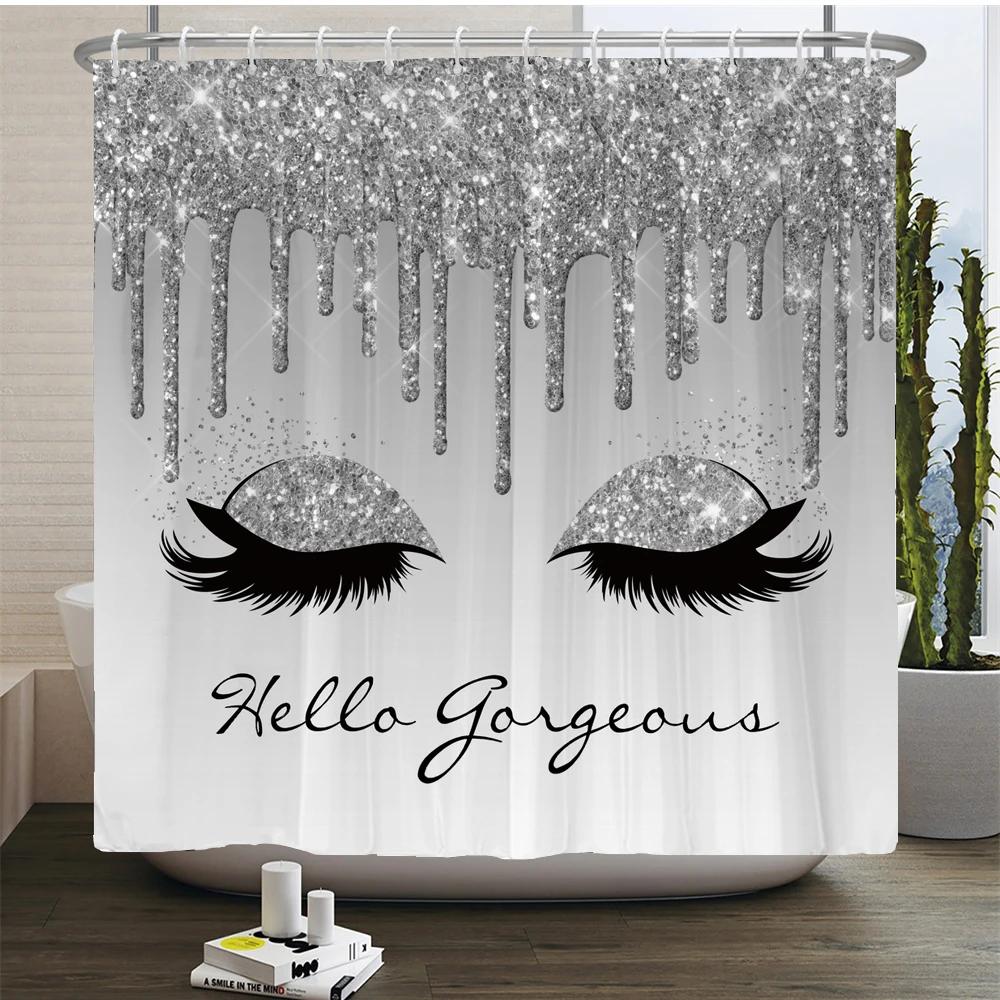 Girl Pink Silver Eyelash Shower Curtain Gorgeous Waterproof Polyester Fabric Bath Curtains Glitter Bathtub Screen with Hooks