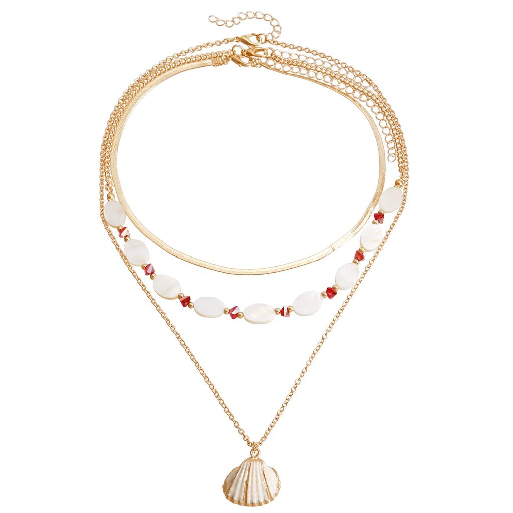 Ocean Wind Shell Multi-layer Stacked Necklace, Retro Vacation Oval Fritillary Beaded Necklace